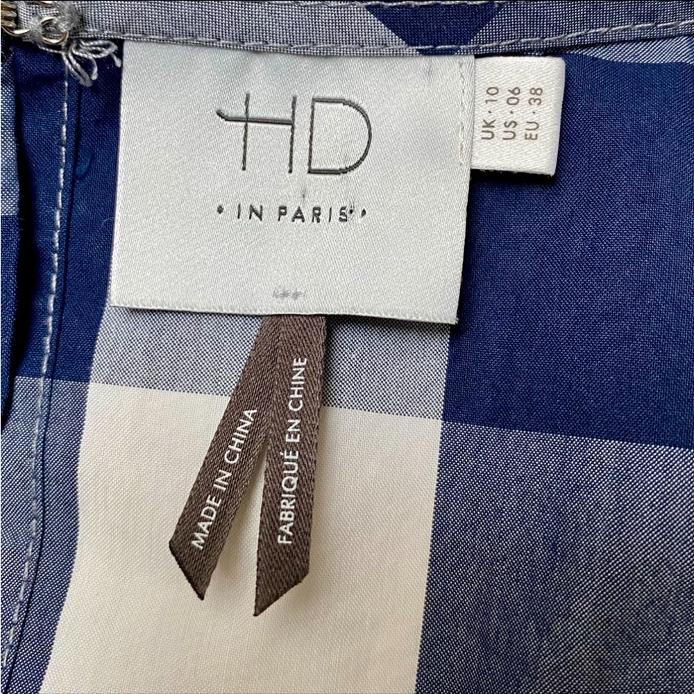 Anthropologie HD in Paris Navy Blue & White Buffalo Check Gingham Peplum Top - Picture 13 of 14